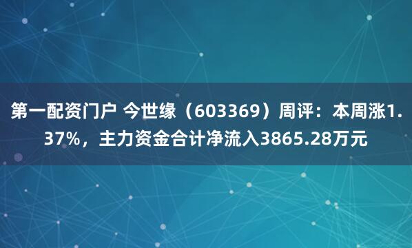 第一配资门户 今世缘（603369）周评：本周涨1.37%，主力资金合计净流入3865.28万元